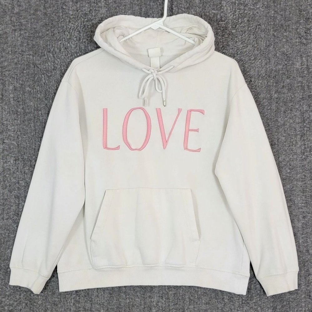 H&M LOGG Hoodie Womens Small White LOVE Logo Oversize Pullover Sweatshirt